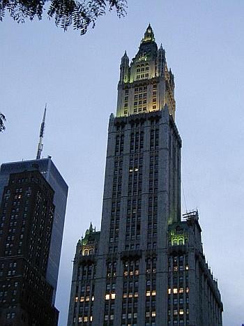 Woolworth Building at dusk.