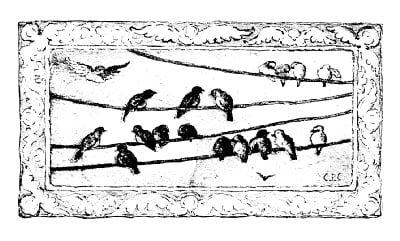 Illustration of several birds on a telegraph wire.