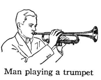 Image: a man blows a trumpet.