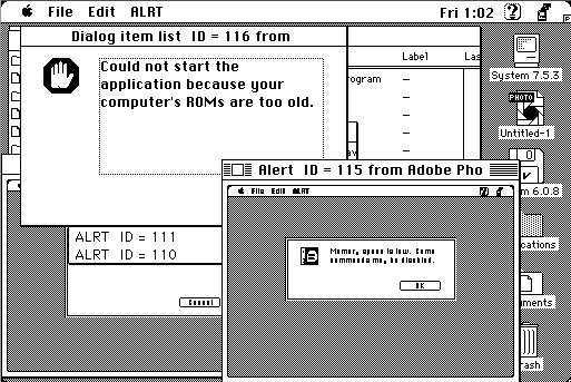 Photoshop 1.0 error message under inspection by ResEdit