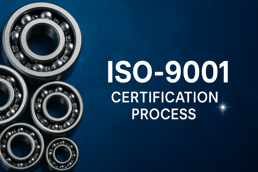 Image of a slide with ball bearings and the text: ISO-9001 CERTIFICATION PROCESS
