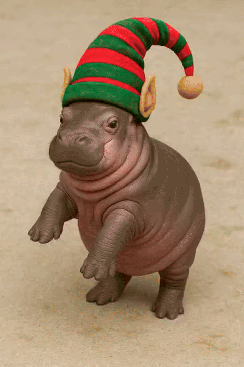 Animated gif of a glitching image of a baby hippo in an elf hat.