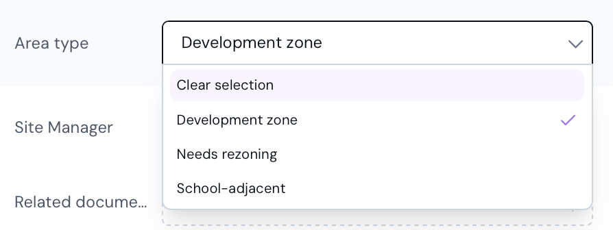 Screenshot of a drop-down with "Development zone" selected