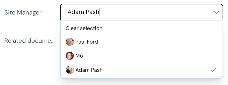 Screenshot of a dropdown with Adam Pash selected as site manager
