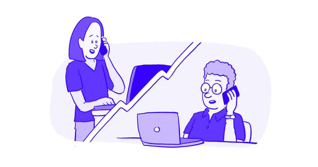 Split-screen drawing depicting the woman and the man from the first image talking on the phone as they look at their computers.