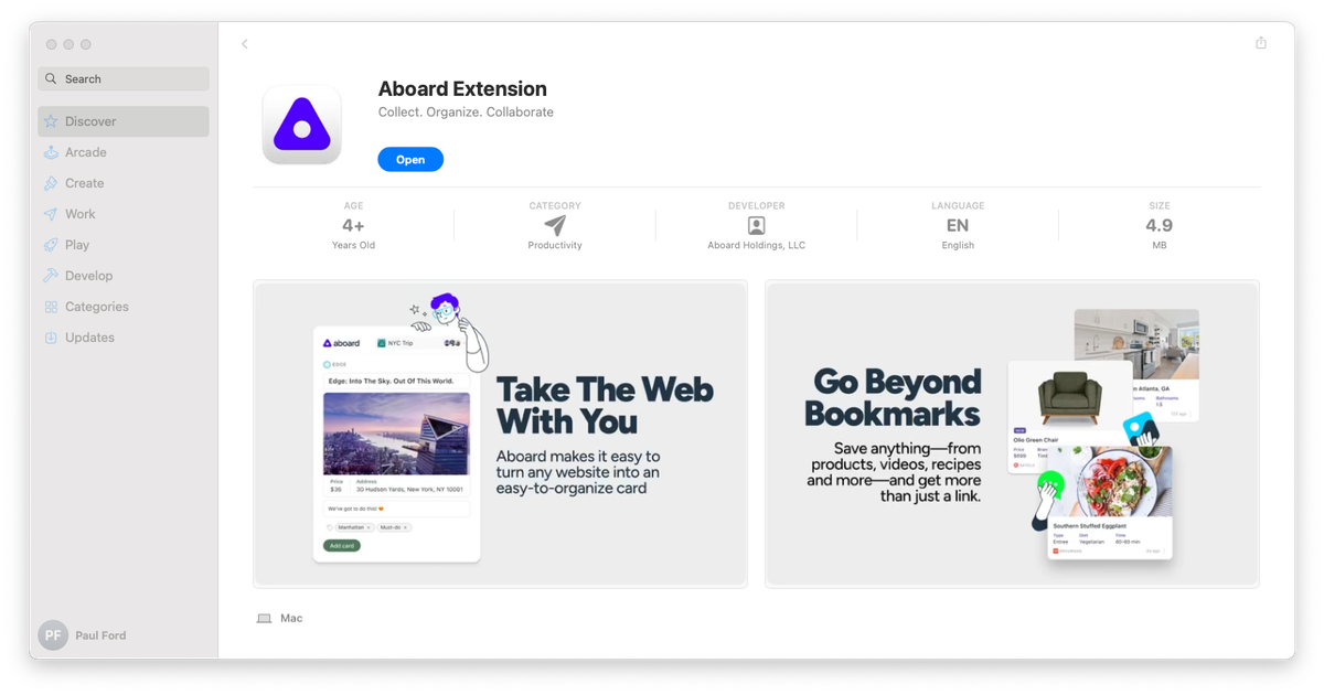 Screenshot of the Aboard extension for Safari download page