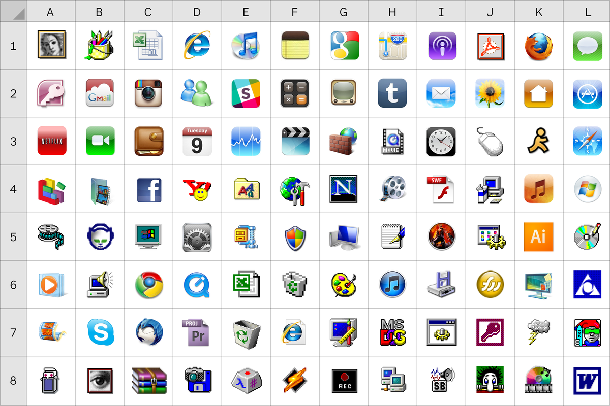 Spreadsheet grid featuring icons for old apps.