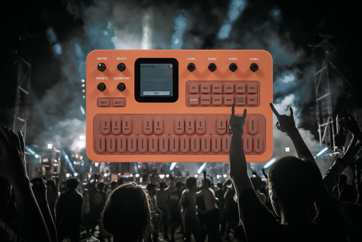 Image of an orange synth floating above a crowd at a concert.