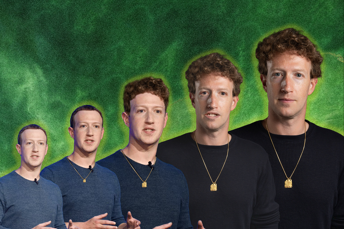 Image of Zuckerberg done like an animorphs cover with increasingly larger versions of him, against a green background.