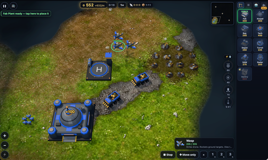 Screenshot from the Battle Drones game featuring a shot of a greenish land mass and several blue and grey structures as pictured from above.