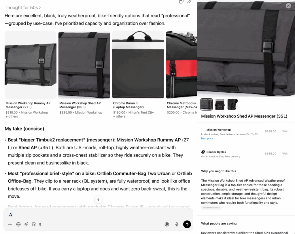 Screenshot from the ChatGPT search for black messenger bags.