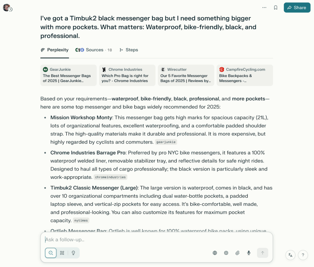Screenshot from the Comet search for black messenger bags.
