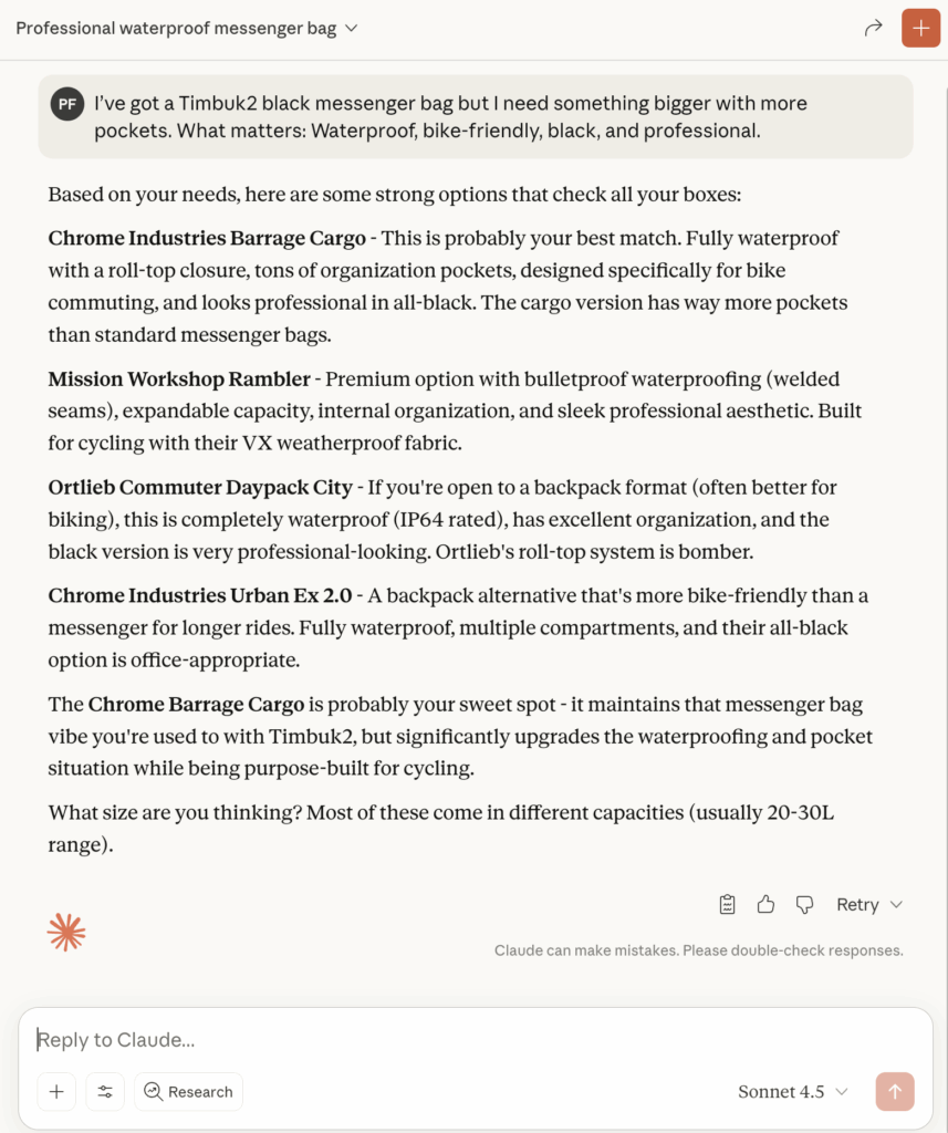 Screenshot of the Claude messenger bag search.