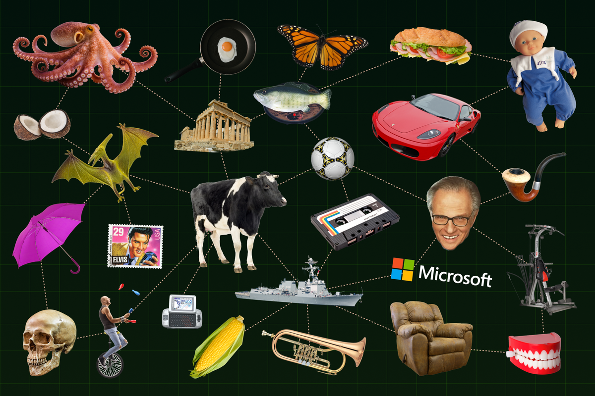 Image of many different seemingly random items connected by lines, on a black background.