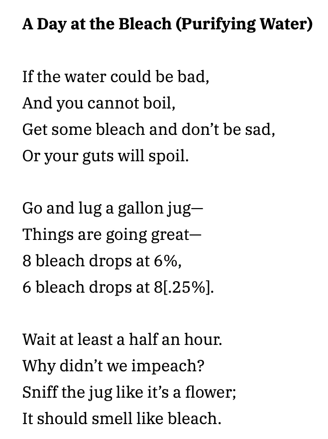 A Day at the Bleach (Purifying Water)

If the water could be bad,
And you cannot boil,
Get some bleach and don’t be sad,
Or your guts will spoil.

Go and lug a gallon jug—
Things are going great—
8 bleach drops at 6%,
6 bleach drops at 8[.25%].

Wait at least a half an hour. 
Why didn’t we impeach?
Sniff the jug like it’s a flower;
It should smell like bleach.