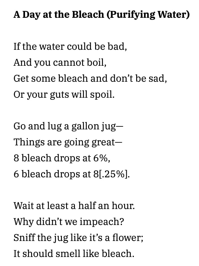 A Day at the Bleach (Purifying Water)

If the water could be bad,
And you cannot boil,
Get some bleach and don’t be sad,
Or your guts will spoil.

Go and lug a gallon jug—
Things are going great—
8 bleach drops at 6%,
6 bleach drops at 8[.25%].

Wait at least a half an hour. 
Why didn’t we impeach?
Sniff the jug like it’s a flower;
It should smell like bleach.
