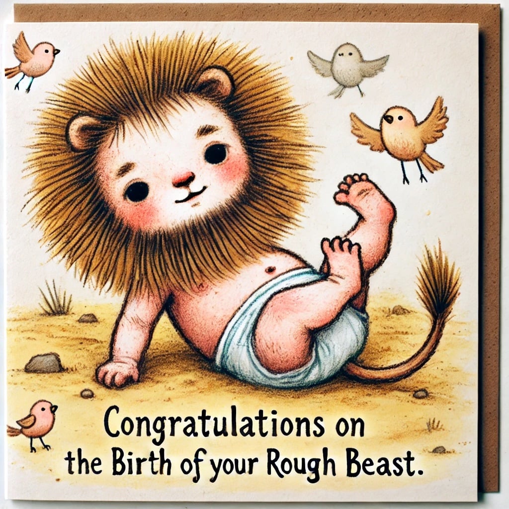 A card with a hairy baby with a lion's mane and a tail, surrounded by little birds. The text reads, "Congratulations on the Birth of your Rough Beast."