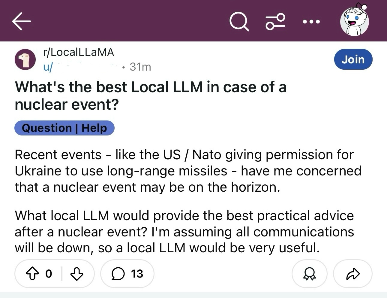 A Reddit post entitled “What’s the best Local LLM in case of a nuclear event?”