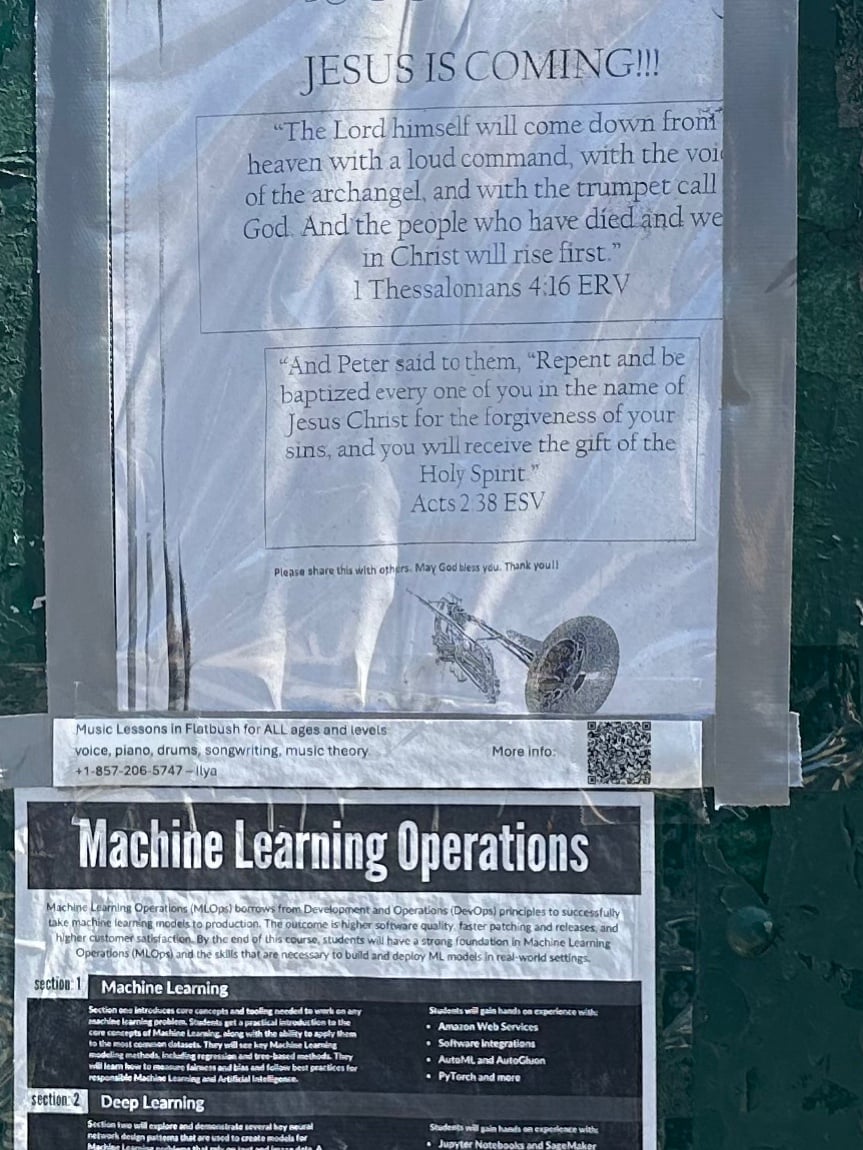Two signs posted on a traffic light: one calls for repenting before Jesus, and the other encourages you to learn Machine Learning Operations.