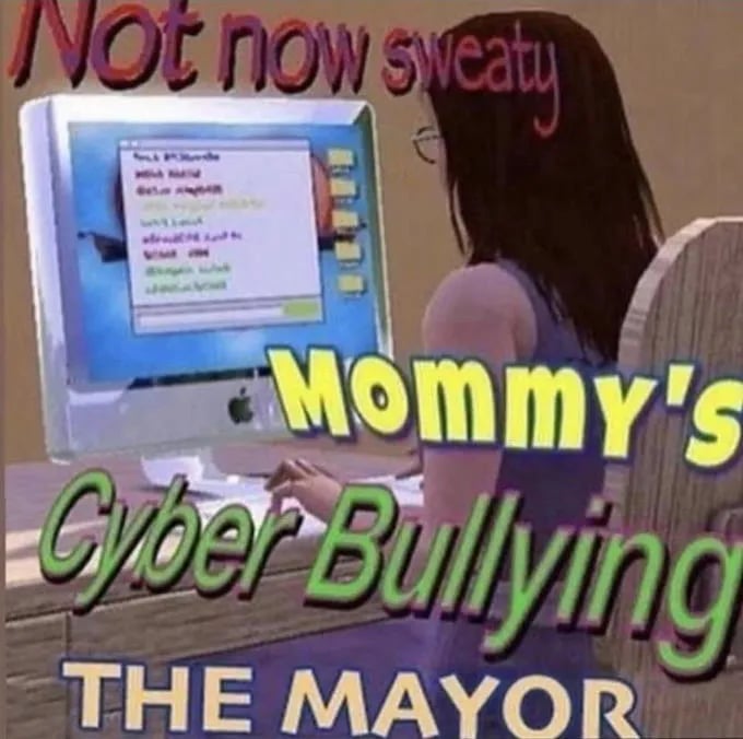 A deep-fried image meme of a 3D graphic of a woman looking at a computer with a chat window. Her back is to the camera. The text reads: “Not now sweaty mommy’s cyber bullying the mayor.”