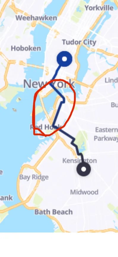 A NYC map with a line showing a bike's path from Kensington area to Union Square; the middle stretch is circled in red.