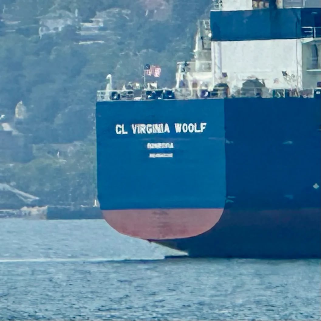 Yes when we zoom in to the stern it’s the CL VIRGINIA WOOLF in white on a deep blue background.
