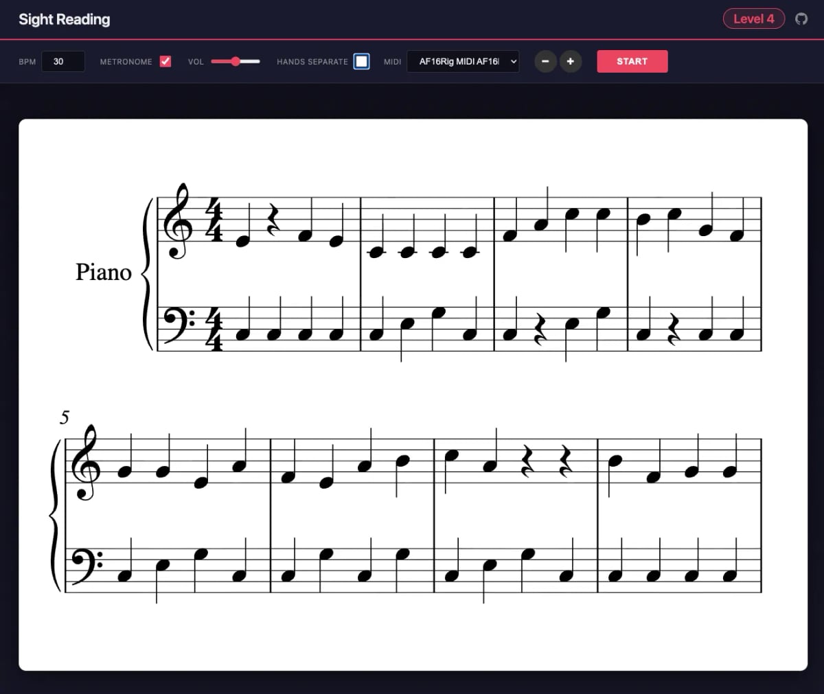 A website with very boring sheet music with quarter notes and rests — eight bars. 