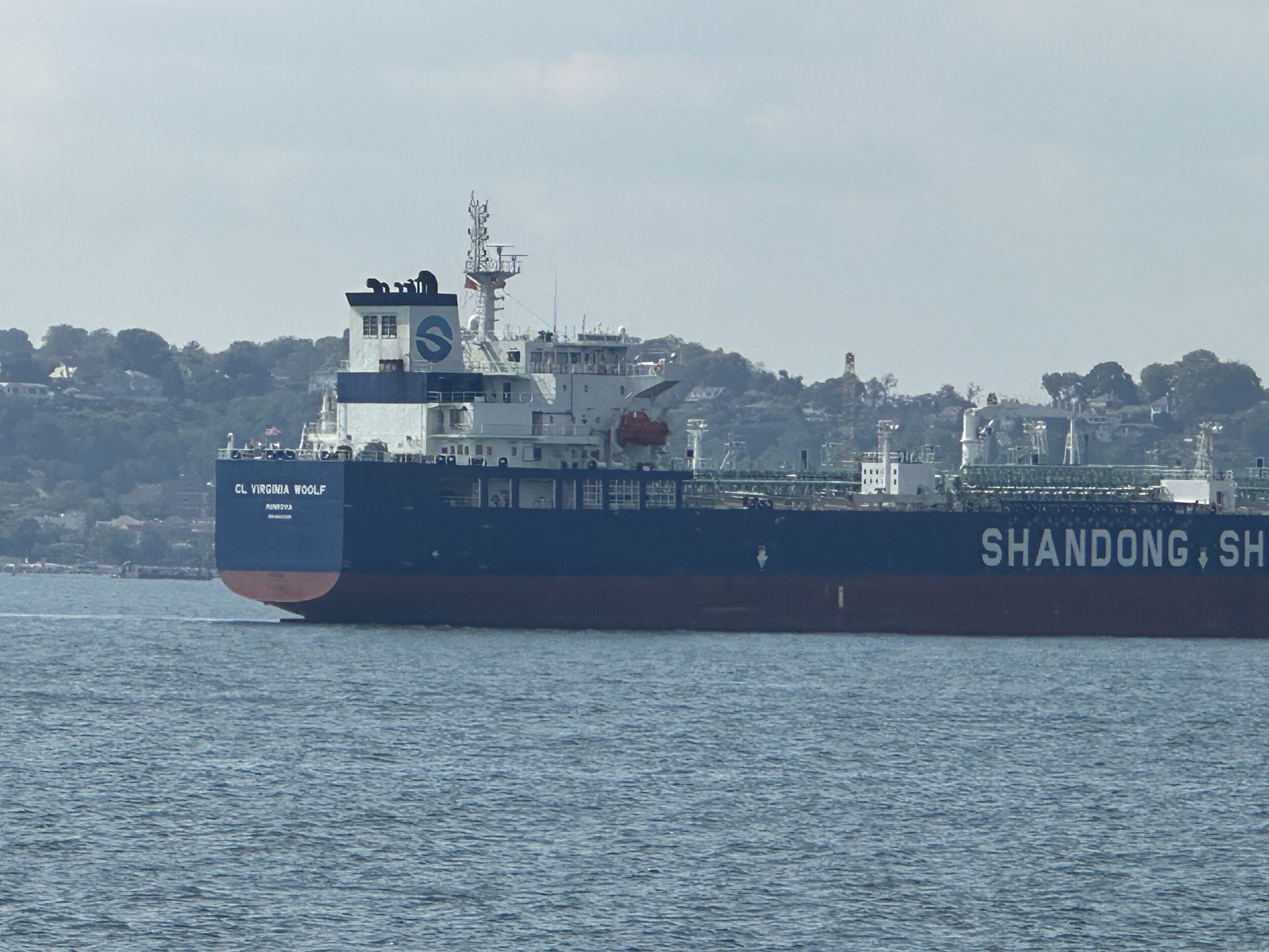 A big ocean going Shandong Shipping boat, but not container ship sized, with water in the foreground and hills behind. The vessel name is unreadable but could it be…