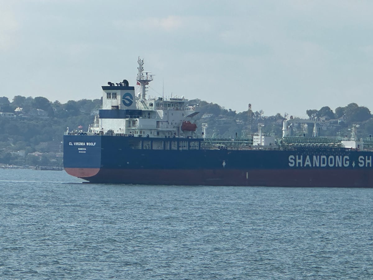 A big ocean going Shandong Shipping boat, but not container ship sized, with water in the foreground and hills behind. The vessel name is unreadable but could it be…
