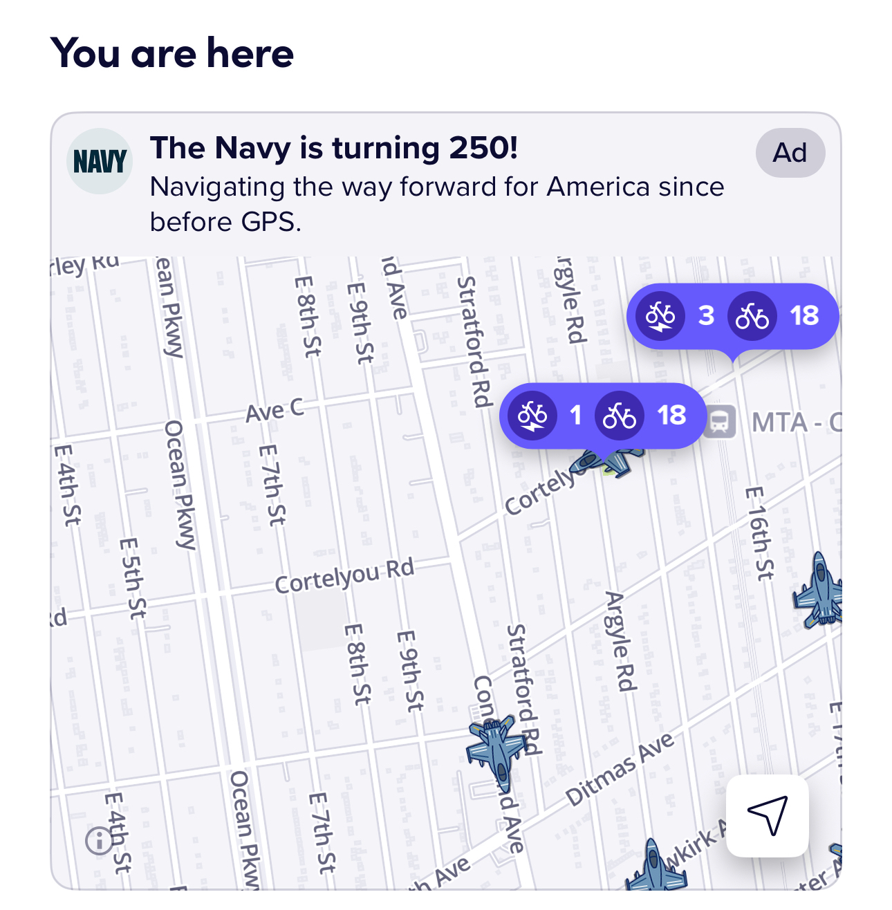 Screenshot of a map with lots of little fighter jets all over it, but also notices of available bikes. It says The Navy is Turning 250!