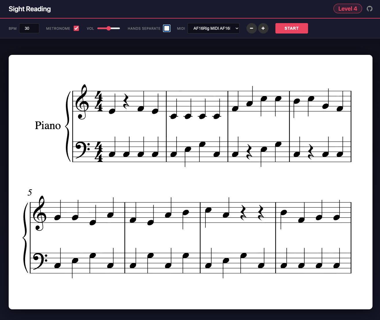 A website with very boring sheet music with quarter notes and rests — eight bars. 