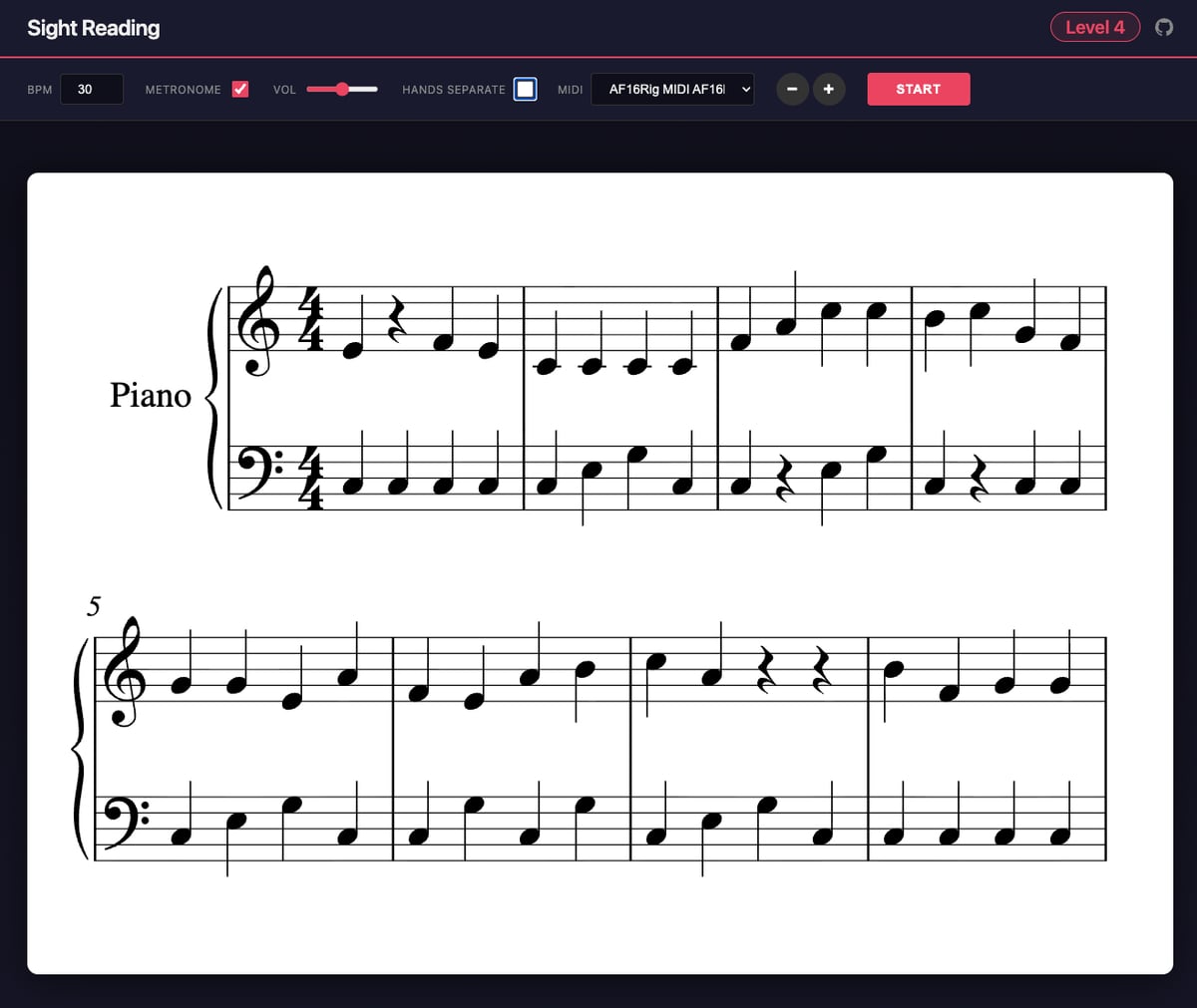A website with very boring sheet music with quarter notes and rests — eight bars. 