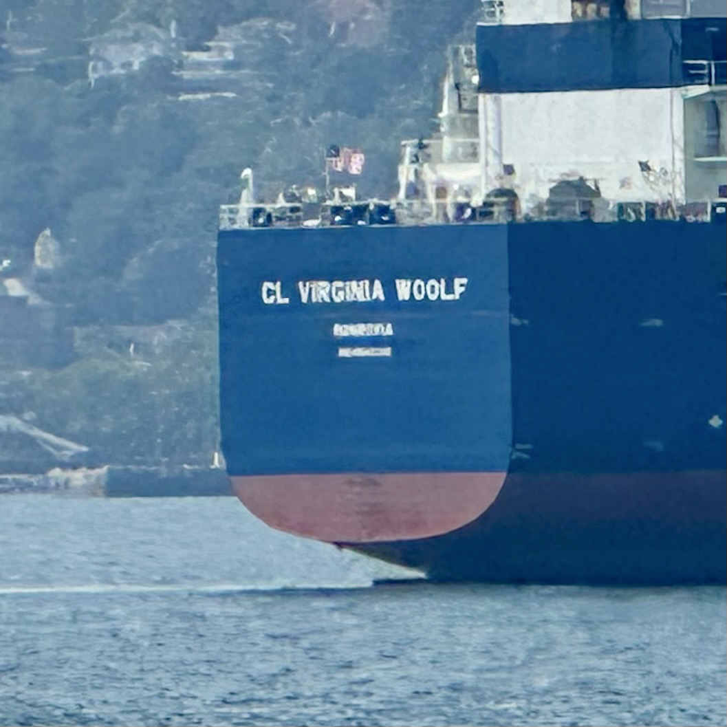 Yes when we zoom in to the stern it’s the CL VIRGINIA WOOLF in white on a deep blue background.