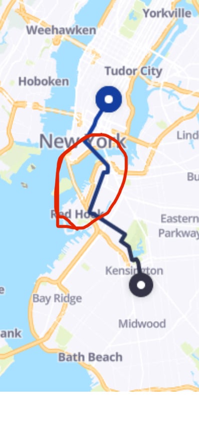 A NYC map with a line showing a bike's path from Kensington area to Union Square; the middle stretch is circled in red.