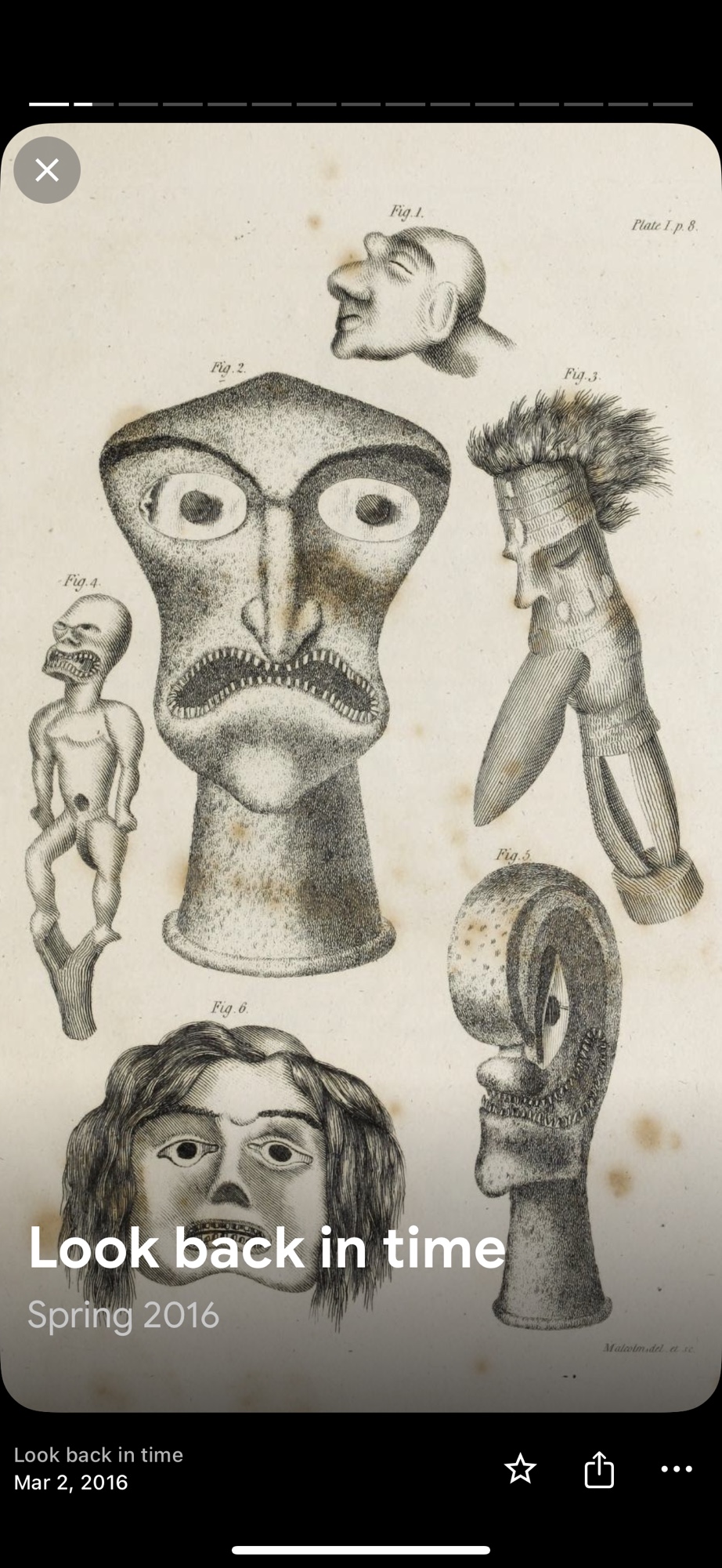 Screenshot. Lithographs of strange sculpted heads on old mottled paper. It reads “LOOK BACK IN TIME.”