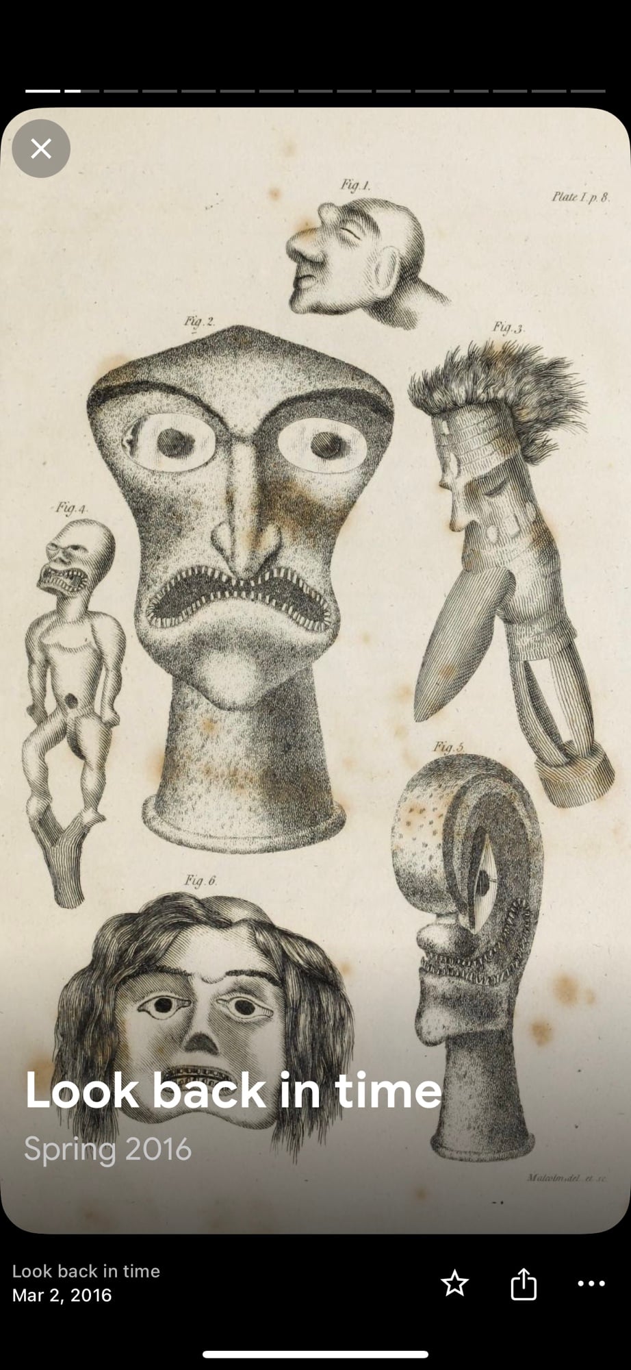 Screenshot. Lithographs of strange sculpted heads on old mottled paper. It reads “LOOK BACK IN TIME.”