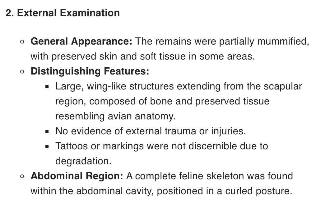 2. External Examination

General Appearance: The remains were partially mummified, with preserved skin and soft tissue in some areas.
Distinguishing Features:
Large, wing-like structures extending from the scapular region, composed of bone and preserved tissue resembling avian anatomy.
No evidence of external trauma or injuries.
Tattoos or markings were not discernible due to degradation.
Abdominal Region: A complete feline skeleton was found within the abdominal cavity, positioned in a curled posture.
