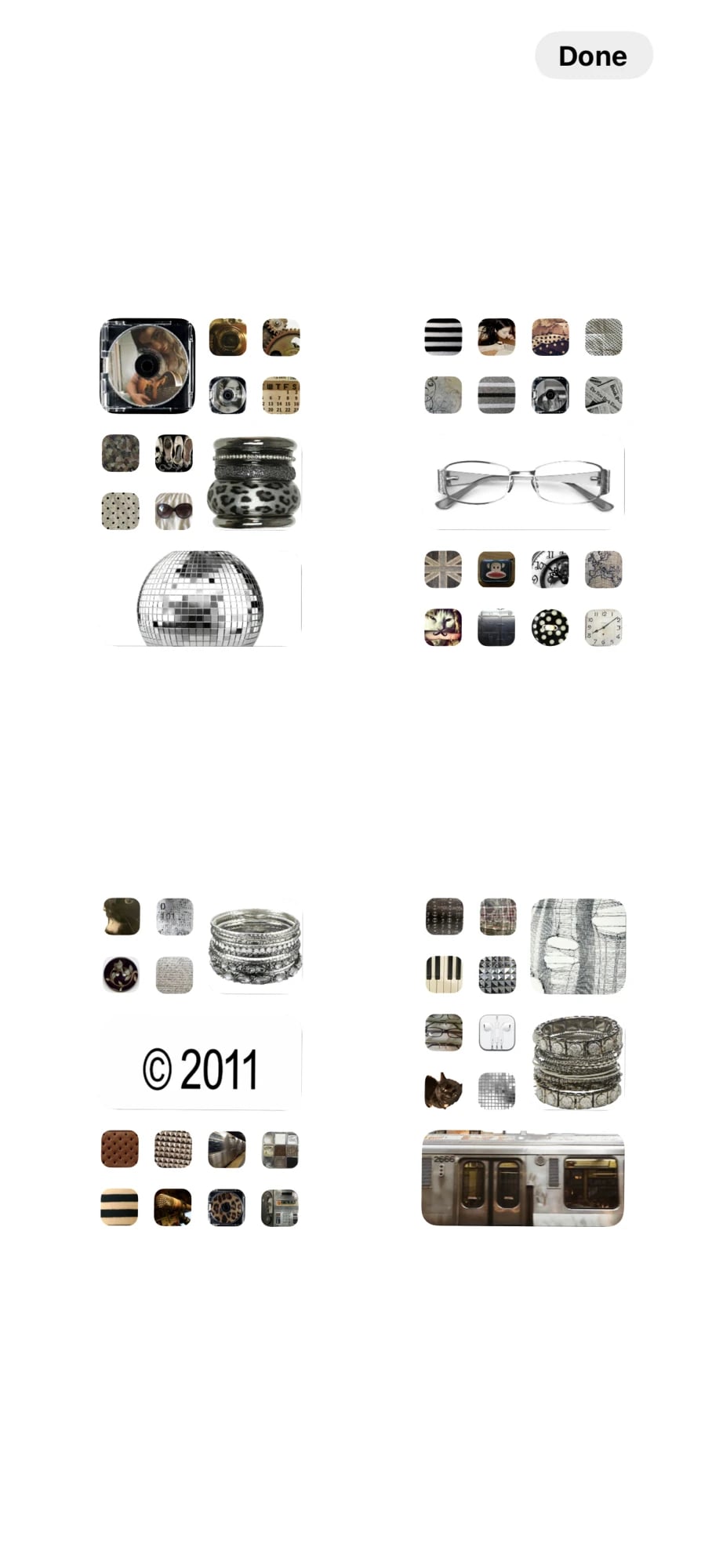 Four bundles of icons and images in beige, brown and gray, all bits of jewelry and NYC image plus random text and a disco ball. All in a tight grid. Most are app icons.