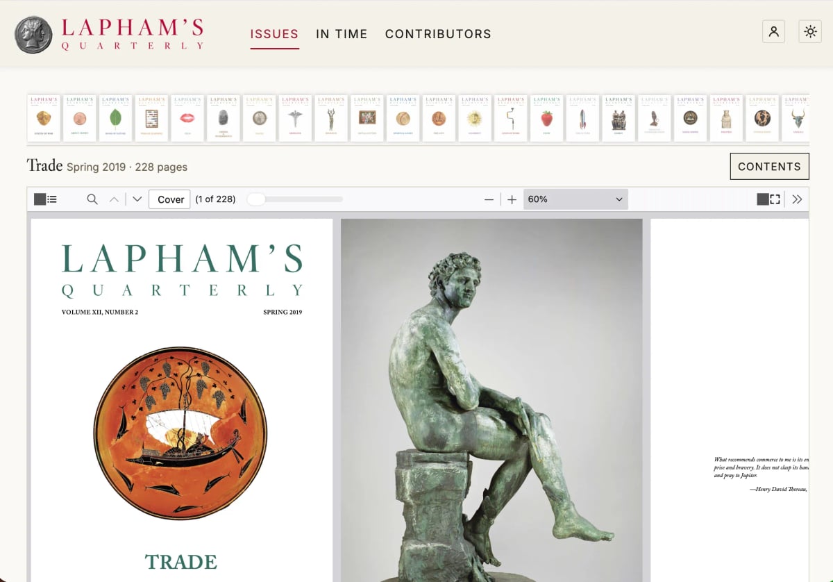 A PDF viewer showing the cover of Lapham's Quarterly with a trading vessel, and a Greco-Roman sculpture on the next page. Tons of issues above, typical web nav. It's supposed to be a very accessible site but it's tricky working with PDFs so we did the best we could.