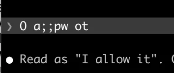 Terminal screenshot. The user has typed: 

O a;;pw ot

Claude has responded:

Read as "I allow it".