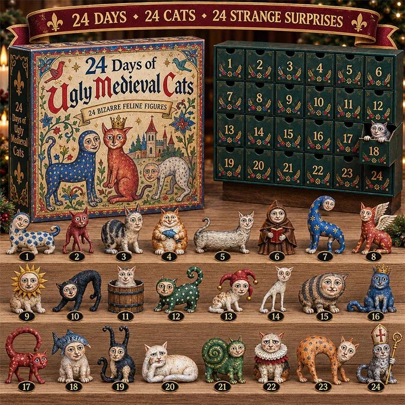 A series of 24 extremely quirky versions of medieval manuscript cats, now as figurines—with a hand-painted appearance. Hard to tell what's real. Many of the cats look like Elon Musk.